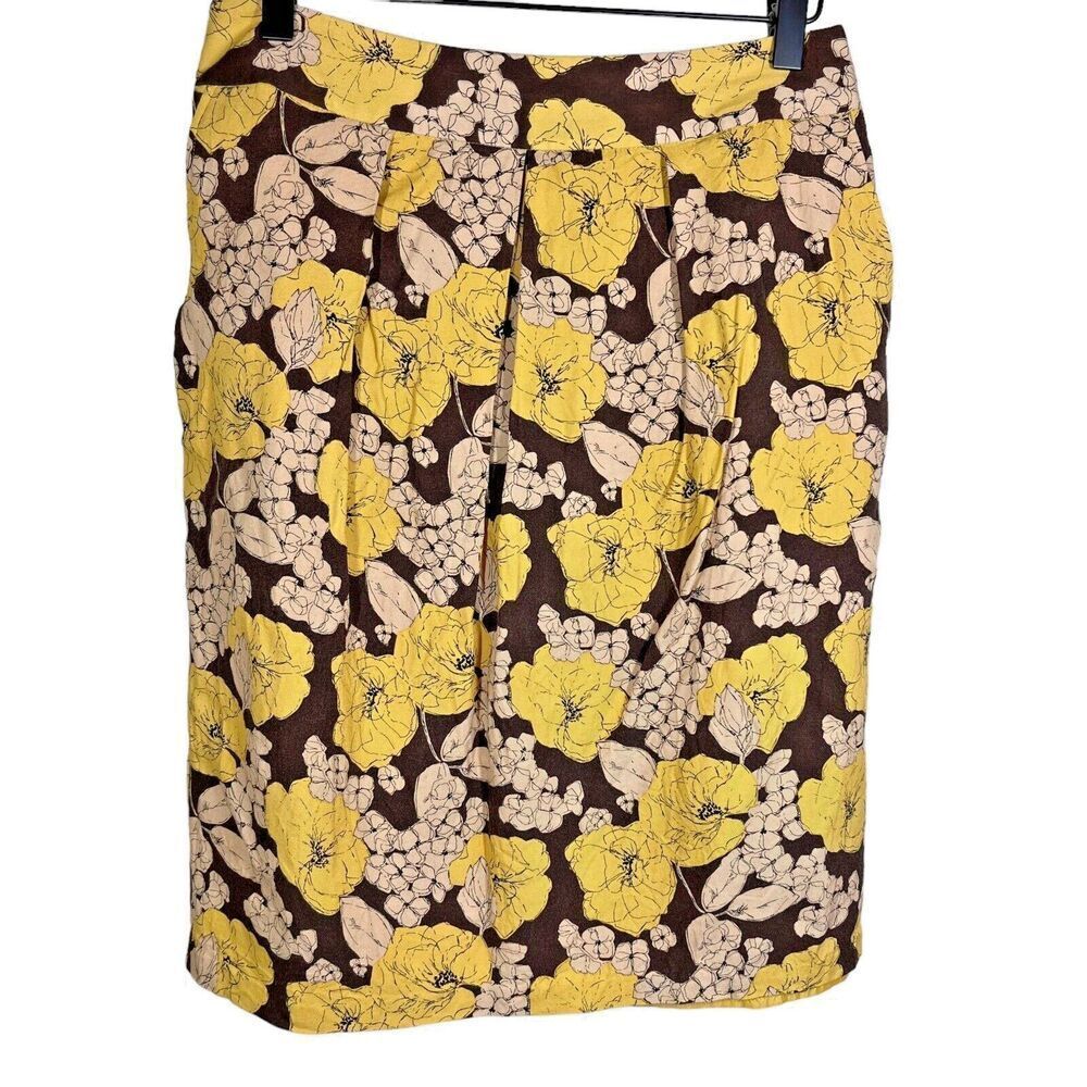 Boden Floral Pencil Skirt Size US 6 UK 10R Yellow Brown Pockets‎ Lined Pleated
